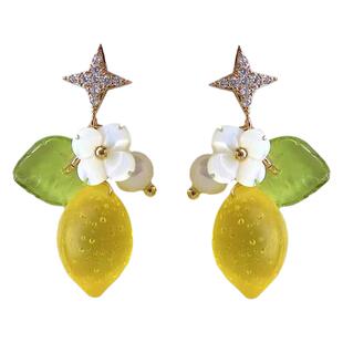 莉夏 新款度假风黄色柠檬耳环清新森系水果耳饰星星蚊香盘耳夹