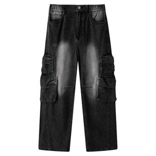 SprayGround鲨鱼嘴美式vibe复古直筒牛仔裤男宽松水洗多口袋长裤