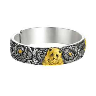 九乐足银999银手镯女富贵萌宝镶金熊猫手镯精雕錾刻高工国风镯子