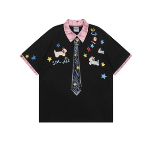 悟空有货ins风小狗领带涂鸦POLO衫短袖T恤男女美式学院风情侣上衣