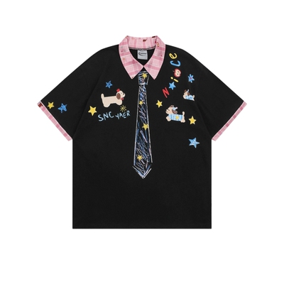 ins风小狗领带涂鸦POLO衫短袖T恤