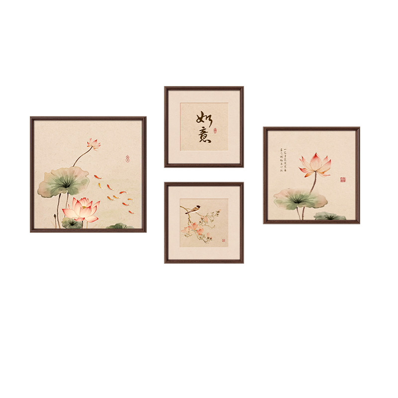 【新中式风】荷花九鱼图客厅挂画