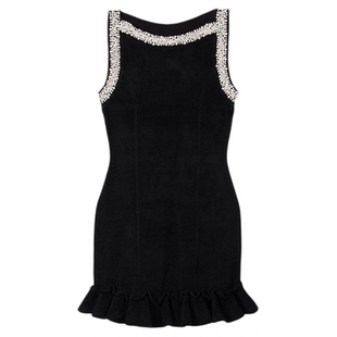 季末6折SANDRO2025秋冬新款女装黑色仿珠饰荷叶边下摆针织连衣裙