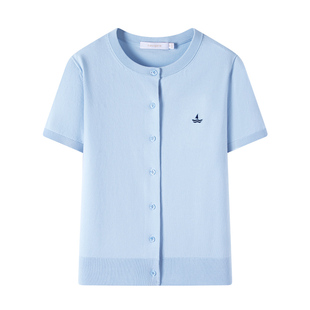 Navigare意大利小帆船休闲短袖针织开衫女夏季蓝色休闲圆领外套