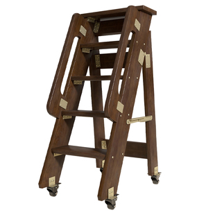 家用可移动实木梯子多功能带轮可折叠梯子加厚登高双扶手书架木梯