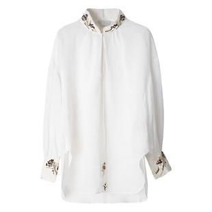 风骨悠然!米兰秀款亚麻重工精绣立领长袖轻社交礼服清透衬衫女特