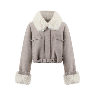 Goosfir 原创设计翻领休闲皮毛外套女士冬季新款收腰短款毛呢大衣