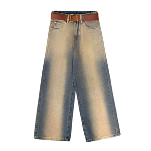 做旧晕染撞色阔腿牛仔裤女2026冬季加绒高腰宽松显瘦垂感脏脏长裤