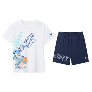 特步儿童男童套装2026夏季新款滑板印花短袖短裤中大童夏装两件套