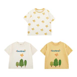 幼悠 女童小树小鸟短袖2025夏季童趣可爱罗纹领圈微落肩宽松T恤潮