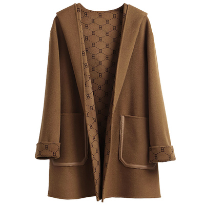 欧货双面呢短款收腰连帽呢大衣