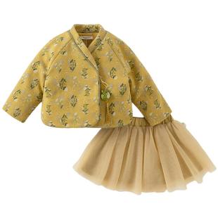 戴维贝拉女童国风套装保暖冬装新款儿童裙子中大童加绒加厚两件套