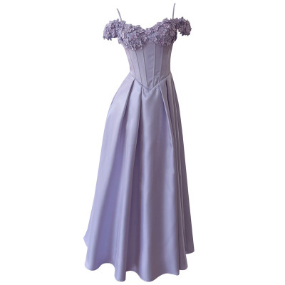 礼服吊带长裙缎面轻奢风立体花朵