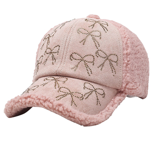 冬季棒球帽女士水钻羊羔毛防寒帽子韩版百搭显脸小保暖鸭舌帽加厚