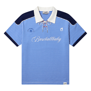 HACR翻领拼色穿绳海军蓝条纹poloT恤 航海度假风短袖男女