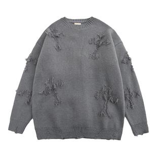 WHXS秋冬破洞毛衣男圆领套头潮牌高街美式复古日系青少年bf加厚针