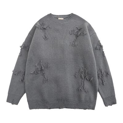 秋冬破洞毛衣男圆领套头针织衫