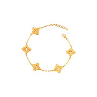 潮港福18K金拉丝四叶草手链 女古法金镂空花朵五花手镯黄金纯银潮