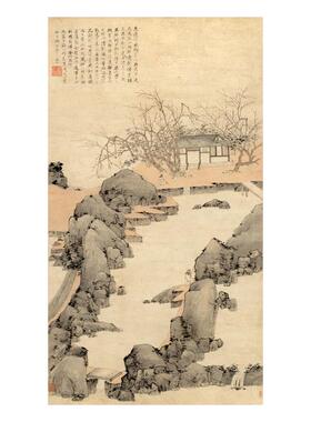 1：1清初四僧弘仁《林越寻梅图》国画山水画高清微喷复制装饰画