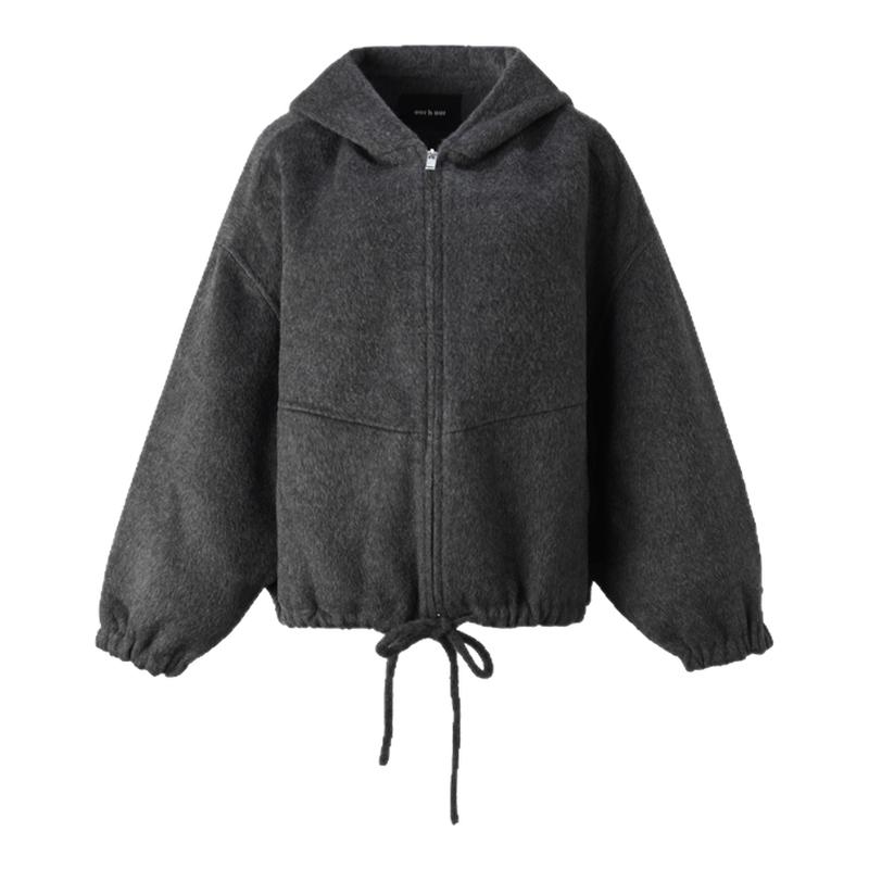 ourhour 双头拉链 深花灰保暖羊毛双面呢连帽卫衣 女冬设计感外套