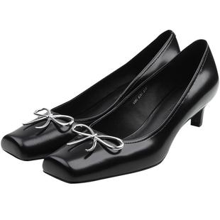 CALVINLUO 女式黑色开边珠法式气质方头浅口芭蕾舞鞋小高跟单鞋