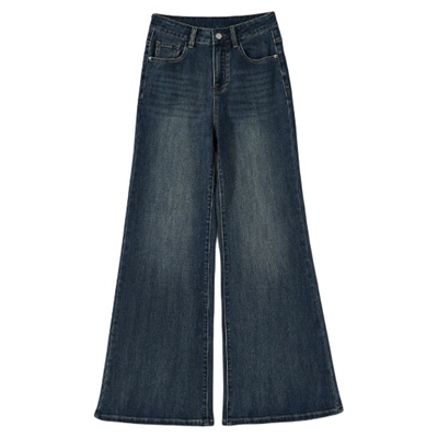 复古蓝加绒加厚微喇叭牛仔裤