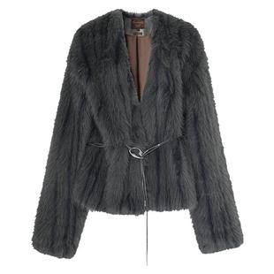 COCOBELLA高奢仿蓝狐丰盈环保皮草外套女秋冬腰带毛绒大衣FU3023