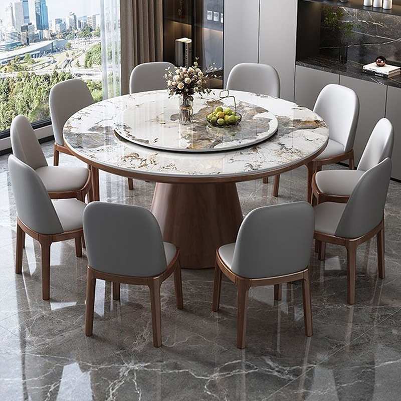 轻奢岩板实木餐桌椅简约家用桌子圆形小户型现代组合吃饭多功能桌