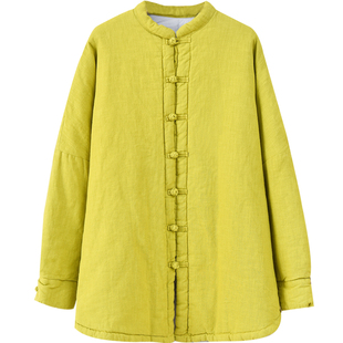 苎麻加厚棉服外套女秋冬2025新款中长款宽松复古保暖棉衣棉袄衬衫