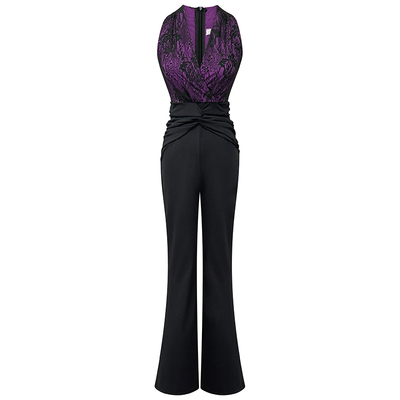 蕾丝拼接V领无袖长款连体裤