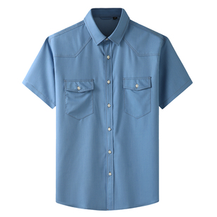 2024夏装男士加肥加大码短袖衬衫胖子牛仔蓝宽松半袖肥佬薄款衬衣
