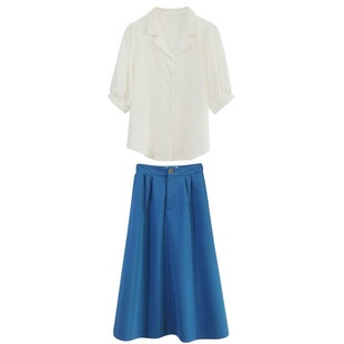 复古港式新款夏装小众短袖泡泡袖V领衬衫上衣a字半身裙两件套装女