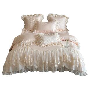 法式粉色高级感全棉床上四件套纯棉公主风蕾丝床单被套床盖床品女