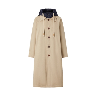 商场同款 摩萨克2025冬新款巴恩风撞色连帽风衣式长款羽绒服女