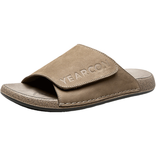 意尔康凉拖男款2026夏季新款真皮博肯风一字拖舒适透气魔术贴拖鞋