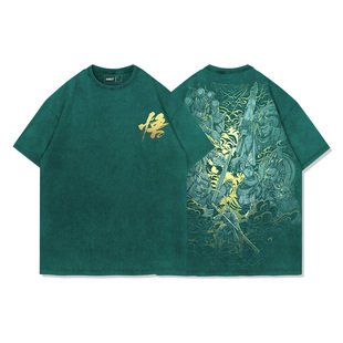 TEE7国潮黑神话悟空周边T恤四大天王做旧复古敦煌风纯棉宽松短袖