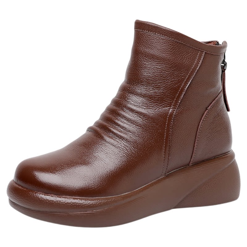 真皮松糕底短靴女秋冬单靴子厚底马丁靴舒适羊毛皮靴保暖妈妈棉靴
