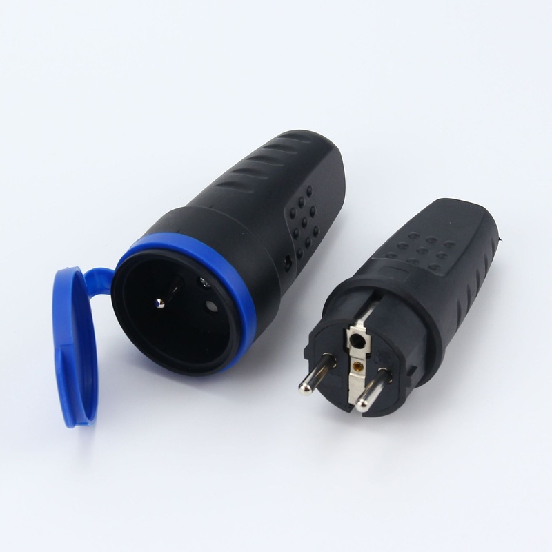 德法式防水插头16A法铜标法规插头外壳TPE黑色电源插头公母对接全