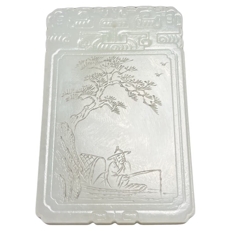 天然和田白玉独钓寒江雪子冈牌
