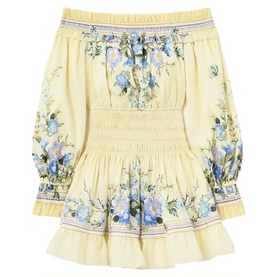 self-portrait 2026春夏黄花卉桑蚕丝棉质混纺度假一字肩连衣裙