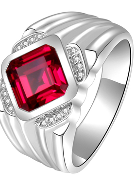 培育红宝石925纯银镀金男士戒指