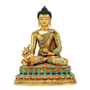 欧斯特全鎏金《药师佛》室内家用彩珠镶嵌《琉璃光如来》铜像摆件