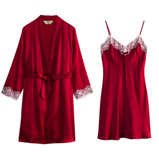 美标真丝睡衣女士春夏100%桑蚕丝睡袍吊带套装送礼新婚晨袍家居服