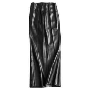 纯色松紧腰薄绒微喇裤皮革效果宽松裁制裤保暖女裤休闲裤皮裤Q162