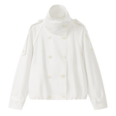 BLINK/水洗棉复古设计感烟囱领双排扣短款廓型风衣外套