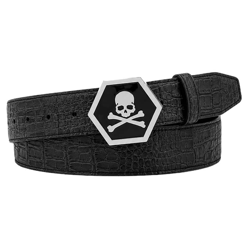 PHILIPP PLEIN 男士亮面压纹皮带六角银框骷髅板扣休闲装饰腰带