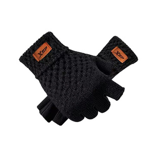 特步半指手套男秋冬露指办公触屏学生写字针织保暖半截指套骑行