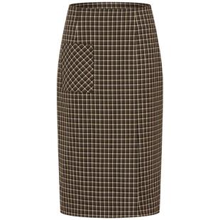 曼德诗弹力复古格纹半身裙女2025秋季新品轻熟风开叉直筒包臀中裙