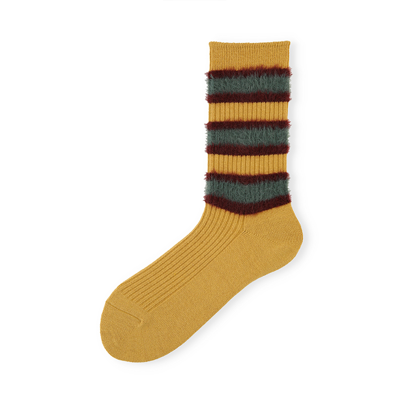 Tabio长毛绒条纹袜子女高弹透气含羊毛时尚中筒袜日系设计感女袜