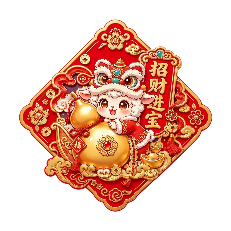 墙贴醒狮头小羊抱葫芦招财进宝菱形国潮新年福字防水自粘装饰贴纸